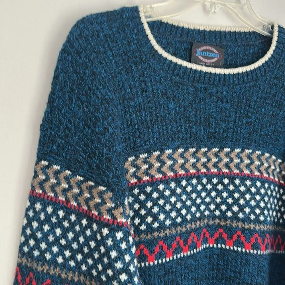 Vintage 80s Jantzen Wool Blend Fair Isle Nordic Sweater Blue Made in USA Size L